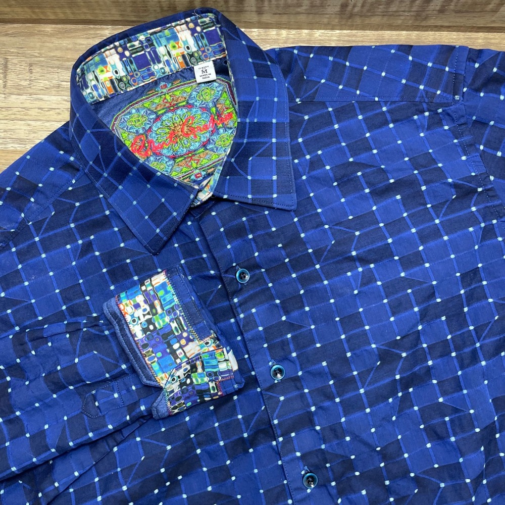 Robert Graham Mens Blue Geometric Grid Long Sleeve Button Down Shirt Size Medium